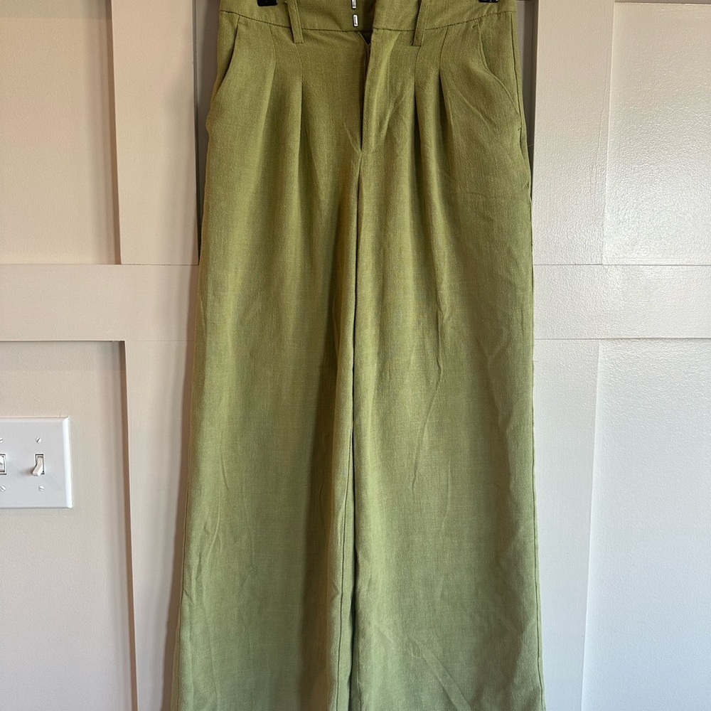Linen blend green wide leg pants